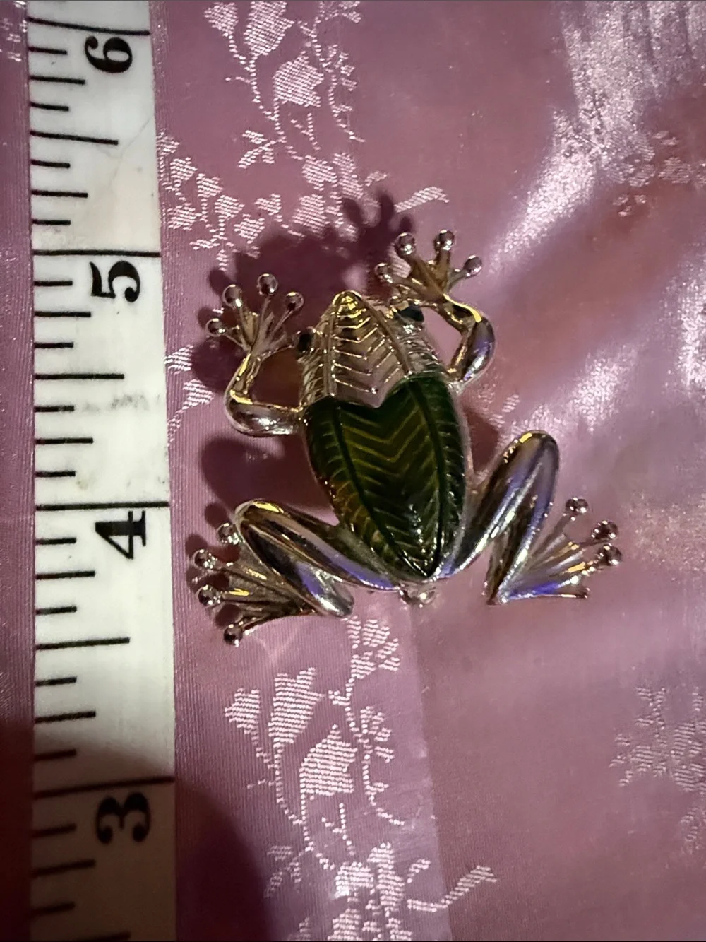 Green and silver tone, frog brooch